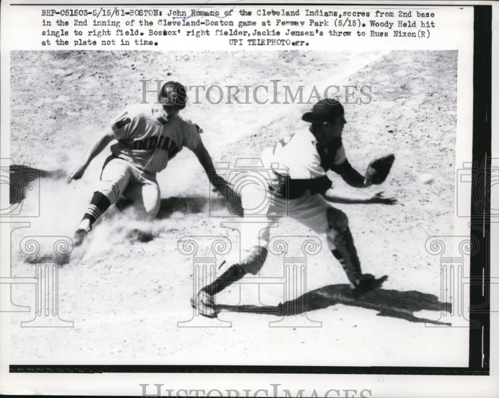 1961 Press Photo Boston , Indians John Romano scores vs Russ Nixon Red Sox- Historic Images