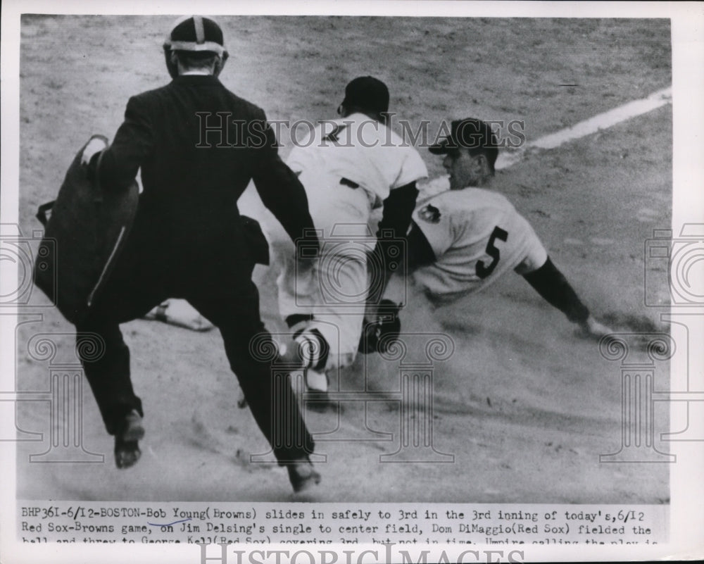1952 Press Photo Boston Browns Bib Young slides to 3rd vs Red Sox G Kell