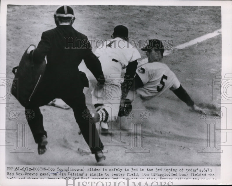 Load image into Gallery viewer, 1952 Press Photo Boston Browns Bib Young slides to 3rd vs Red Sox G Kell
