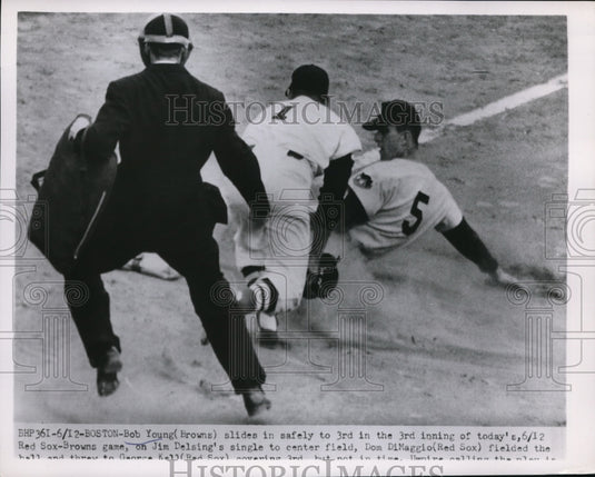 1952 Press Photo Boston Browns Bib Young slides to 3rd vs Red Sox G Kell