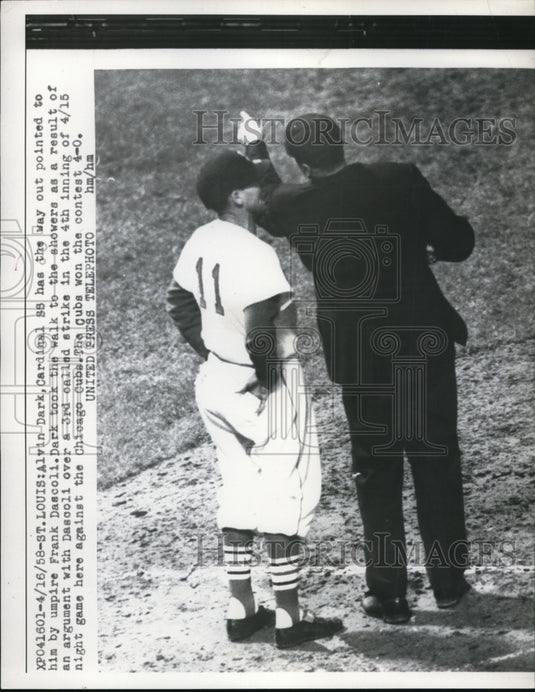 1958 Press Photo St Louis Mo Alvin Dark Cardinbal SS & ump Frank Dascoli- Historic Images