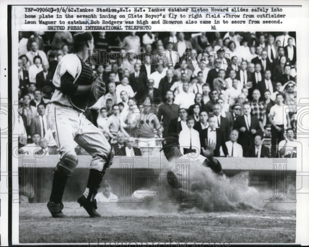 1962 Press Photo NYC Yankee Elston Howard slides home vs Boob Rodgers