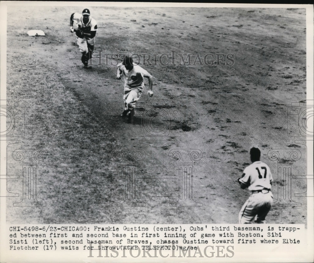 1949 Press Photo Chicago Frank Gustine of Cubs vs S Sisti, Elbie Fletcher Braves- Historic Images