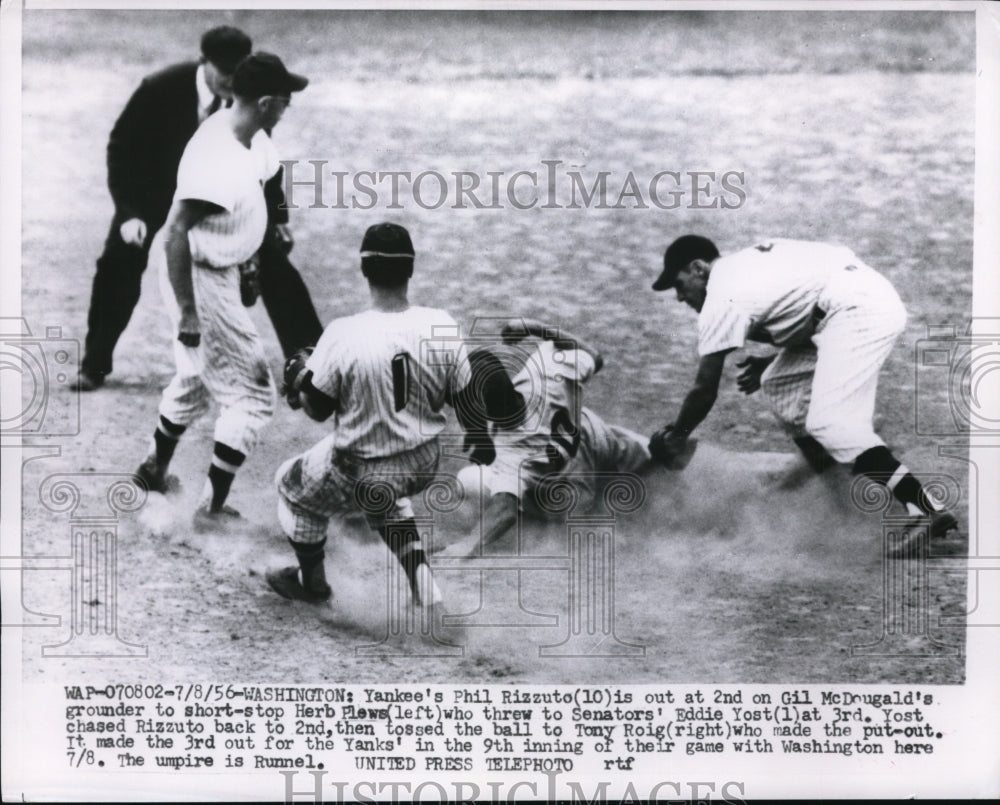 1956 Press Photo Wash Senator Eddie Yost Phil Rizzuto vs Yankee, ump Runnels- Historic Images