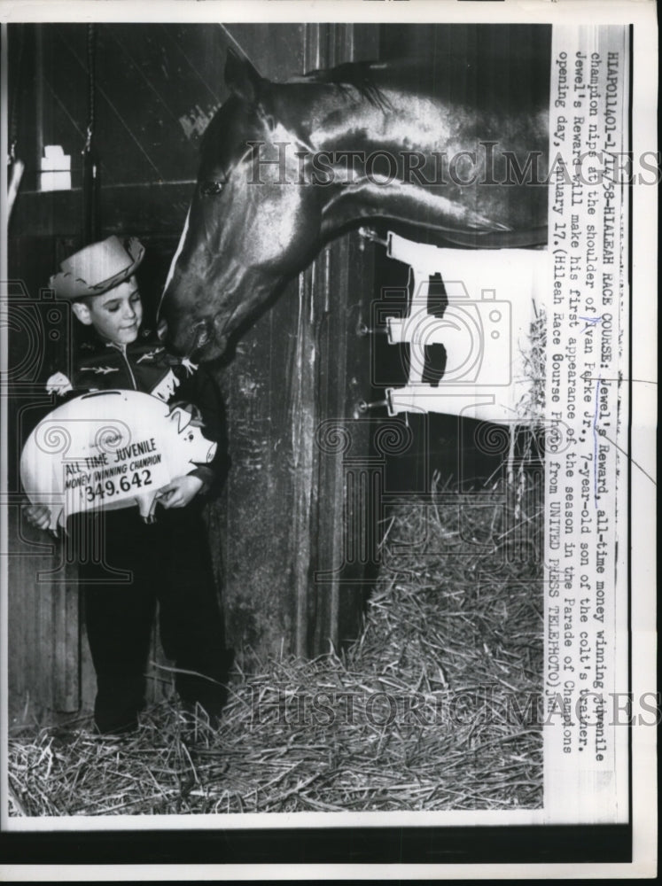 1958 Press Photo Hialeah track FlaJewels Reward ^ Ivan Parke Jr at stables- Historic Images