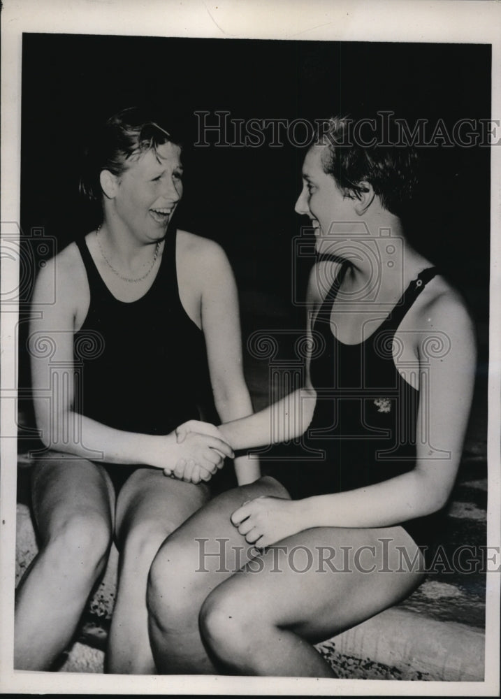 1938 Press Photo London Ragnild Hyeger, Ove Peterson at Europe swim meet- Historic Images