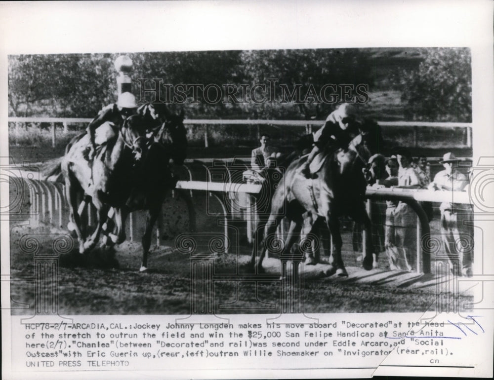 1953 Press Photo Jockey John Longden on Decorated at San Felipe Hdcp in Calif- Historic Images