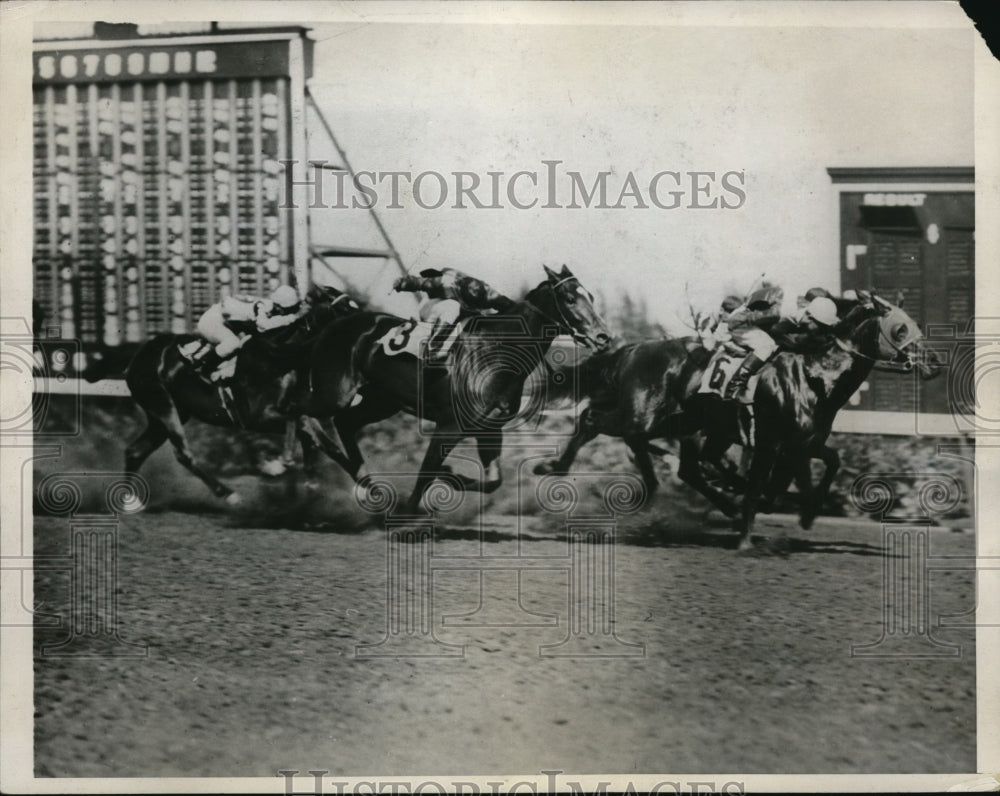 1933 Press Photo H Elston on Thataway wins at Hialeah vs Macadam, Full Tilt- Historic Images