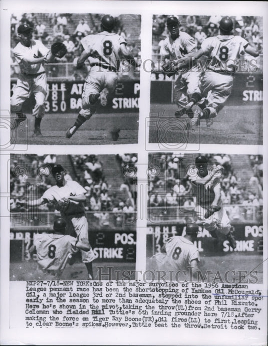 1956 Press Photo Yankee Gil McDougald makes play on Tiger Ray Boone - nes35250- Historic Images