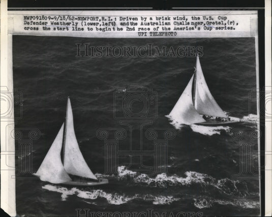 1962 Press Photo US Cup defender Weatherly vs Australia's Gretle at Newport RI- Historic Images