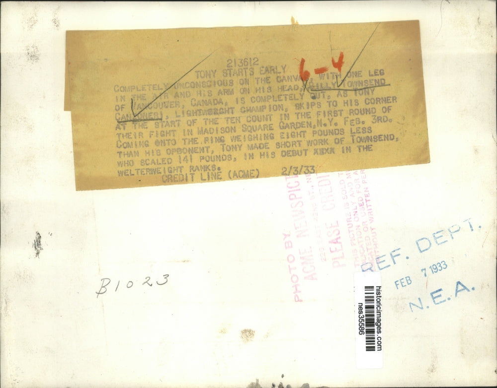 1933 Press Photo Billy Townsend Koed by Tony Canzoneri at Madison Square Garden