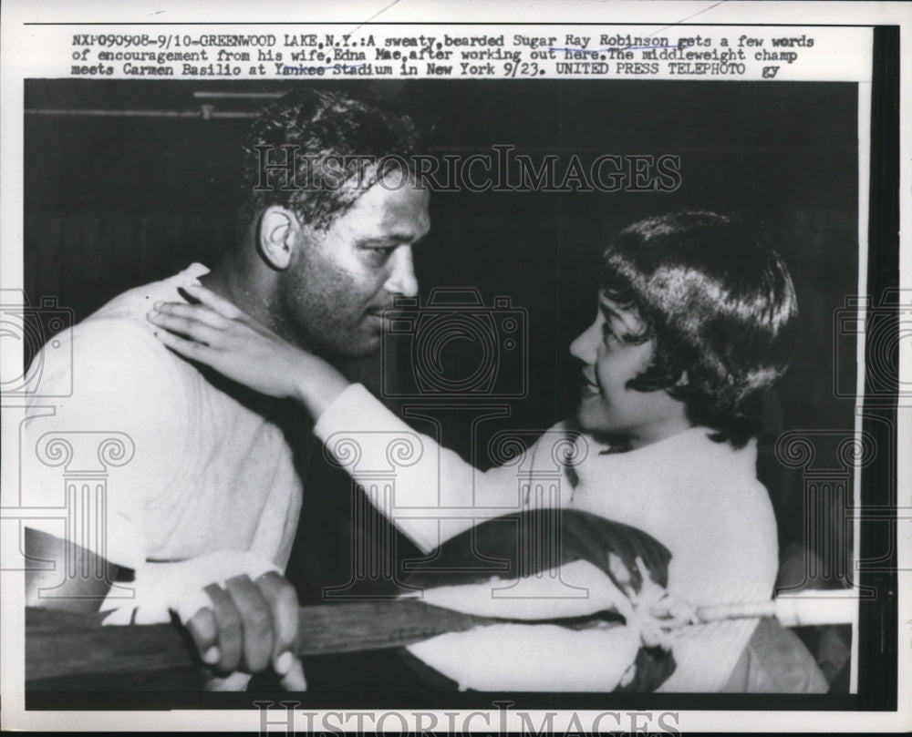 1957 Press Photo Sugar Ray Robinson &amp; wife Edna Mae at training in NY- Historic Images