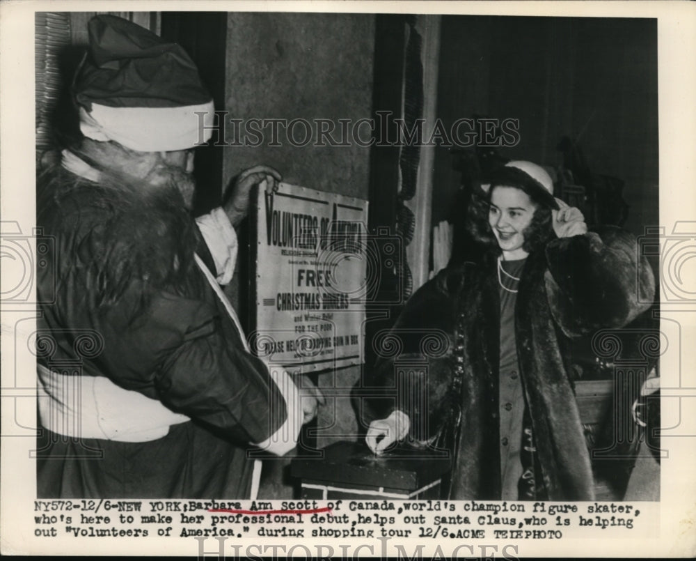 1948 Press Photo Barbara Ann Scott of Canada champion figure skater with Santa- Historic Images