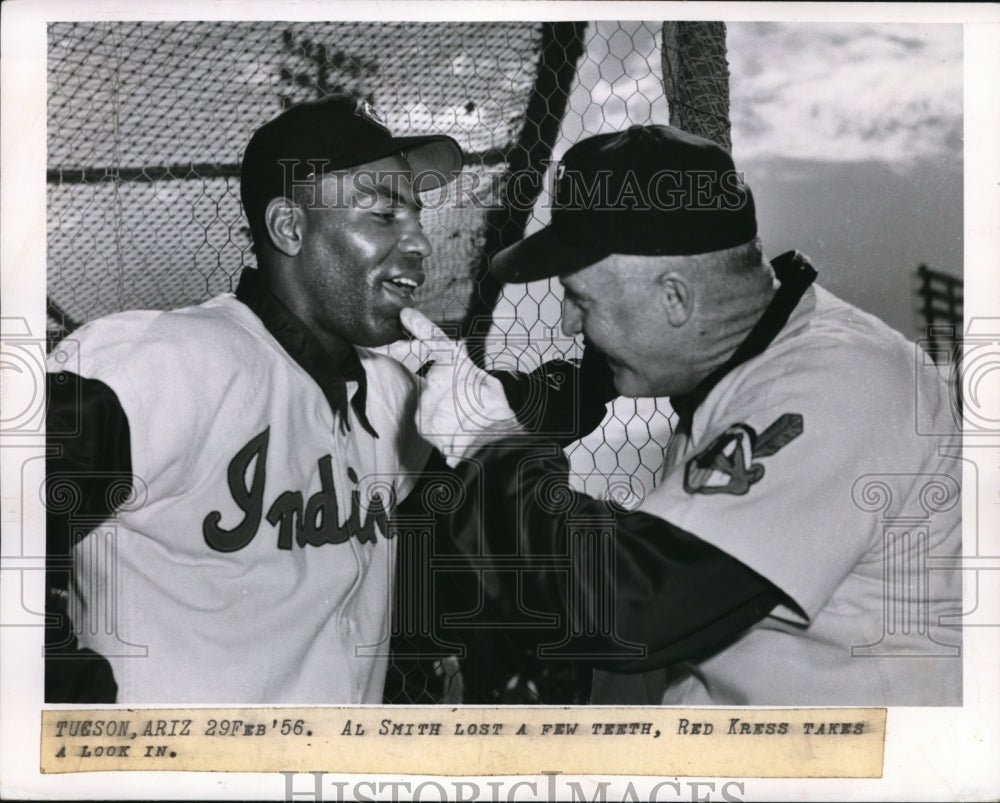 1956 Press Photo Tuscon AZ, Al Smith &amp; Red Kress of Indians at spring training- Historic Images