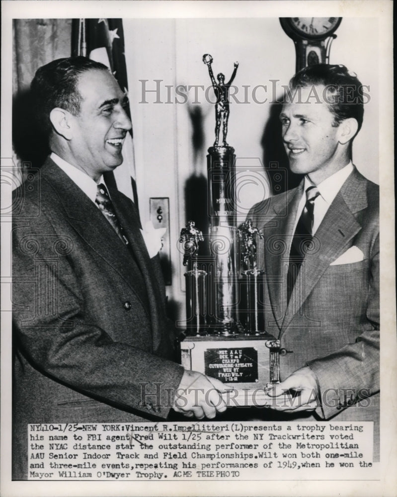 1951 Press Photo Vincent Impellitteri &amp; trophy by NY Trackwriters to Fred Wilt- Historic Images