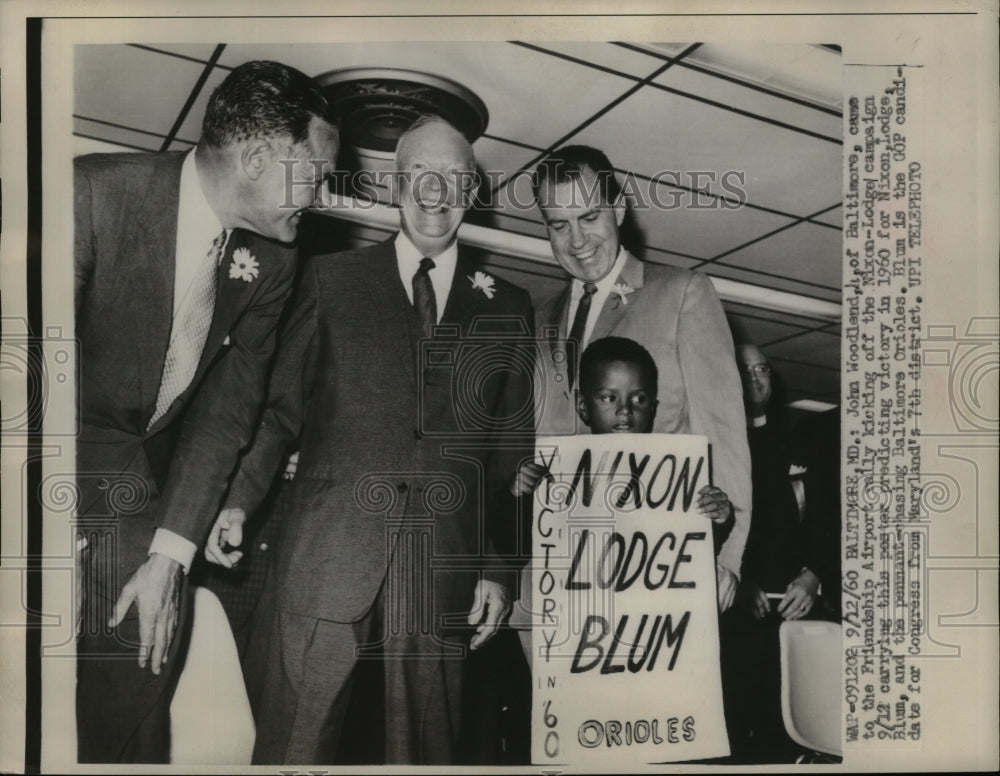 1960 Press Photo John Woodland age 4 GOP candidate Blum of Md &amp; Richard Nixon- Historic Images