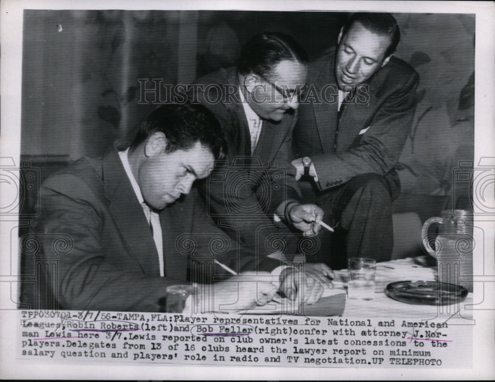 1956 Press Photo Player reps Robin Roberts , Bob Feller, atty J Norman Lewis- Historic Images