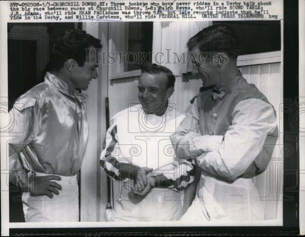 1936 Press Photo Jockeys Ralph Neves, JR Adams, Willie Carstens, Churchill Downs- Historic Images