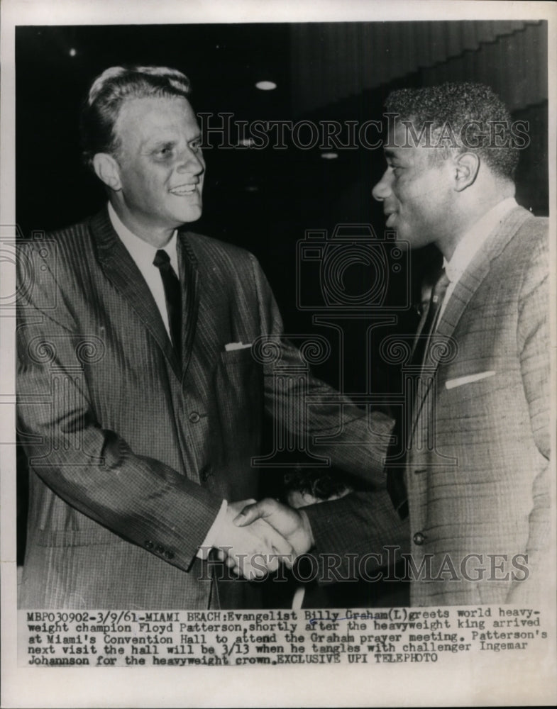 1961 Press Photo Evangelist Billy Graham &amp; boxer Floyd Patterson in Miami Beach- Historic Images