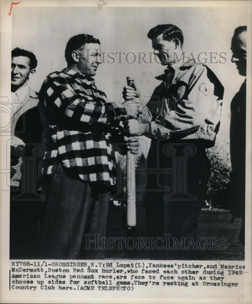 1949 Press Photo Yankee pitcher Ed Lopat, Maurice McDermott of Red Sox- Historic Images