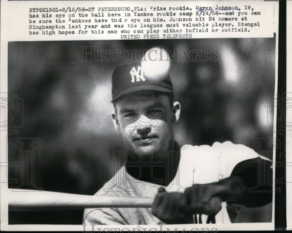 1958 Press Photo Deron Johnson rookie Yankee at St Petersburg FL training- Historic Images