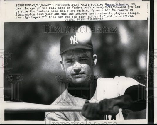 1958 Press Photo Deron Johnson rookie Yankee at St Petersburg FL training- Historic Images