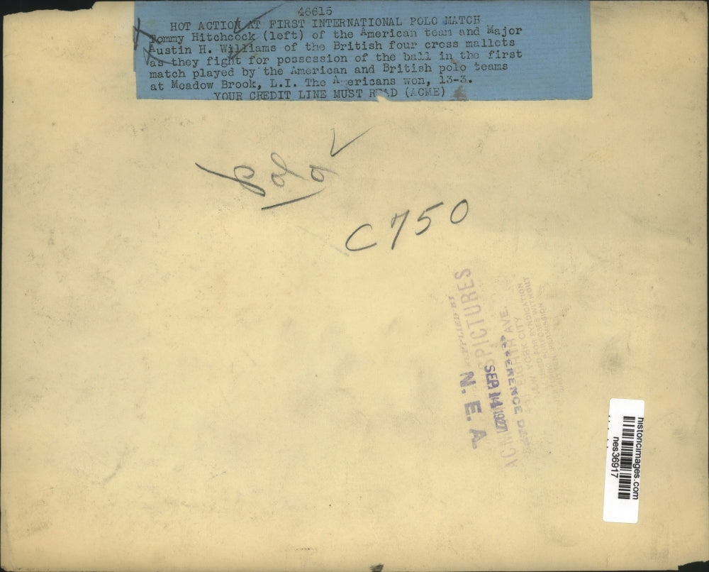 1927 Press Photo Tom Hitchcock of US vs Austin Williams of British polo at NY