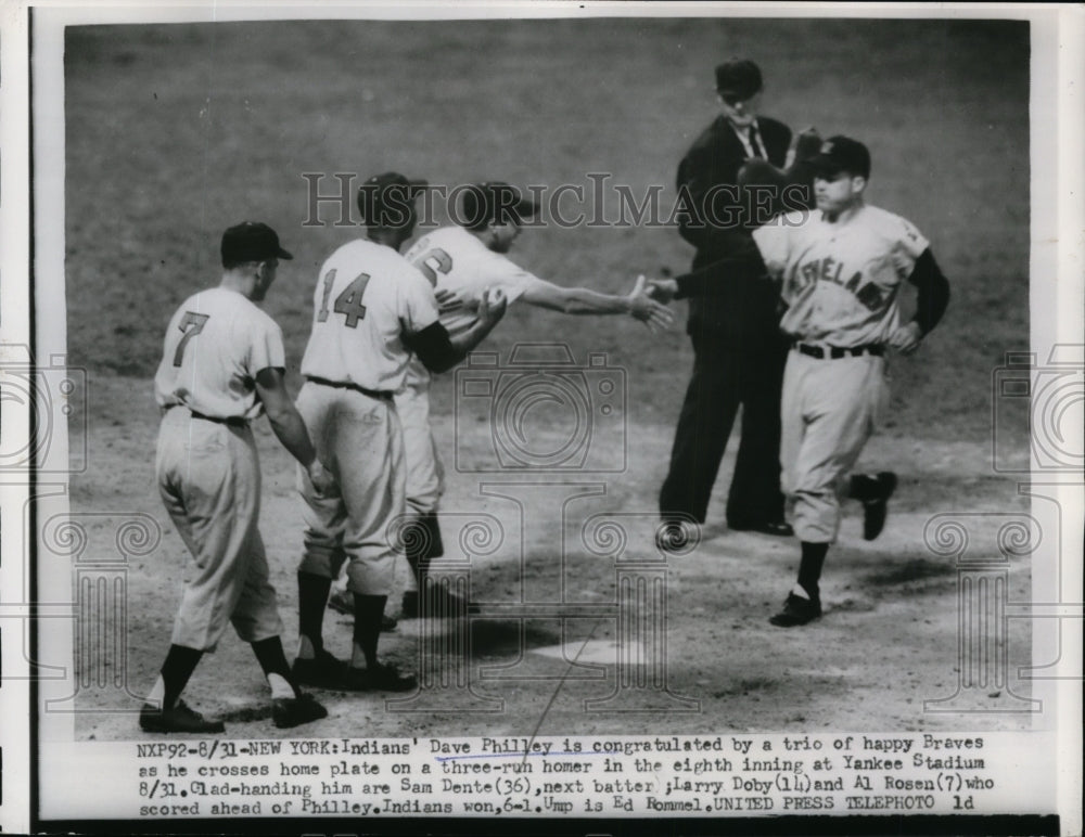 Press Photo Dave Philley of Braves at home base vs Indians. Sam Dente