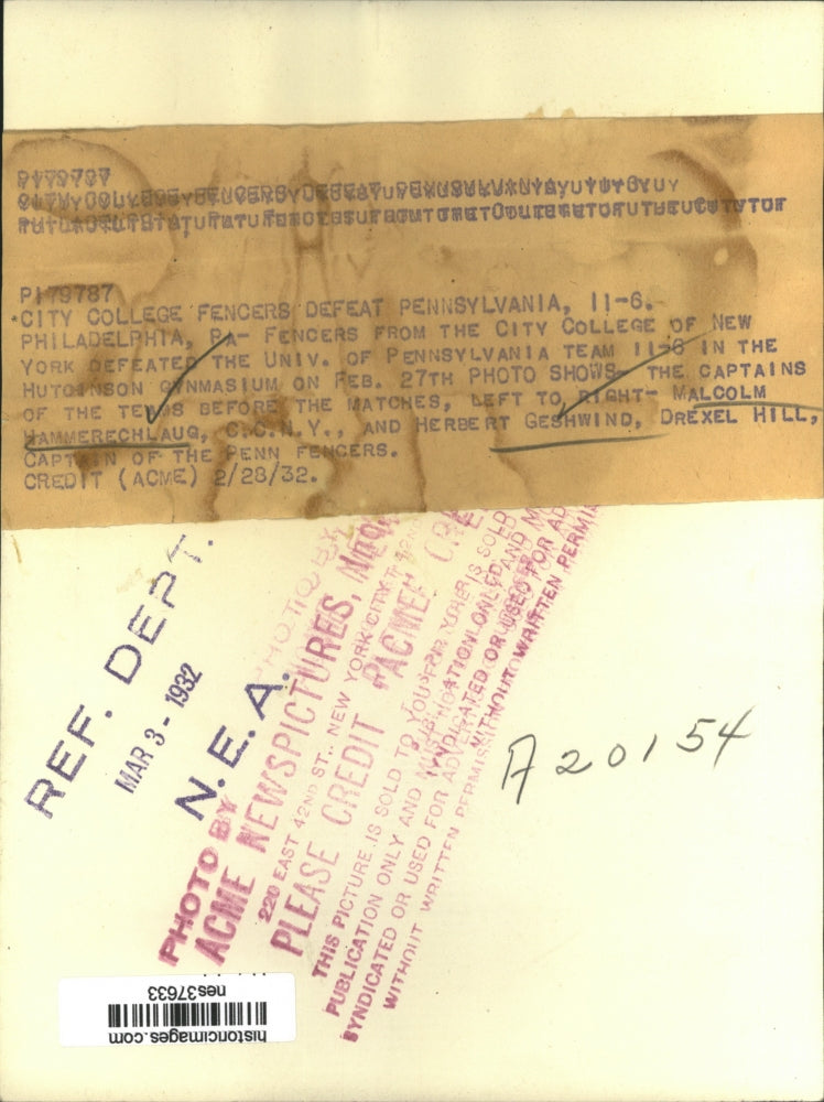 1932 Press Photo Malcolm Hammerechlaug of CCNY & Herbert Geshwind of Drexel Hill