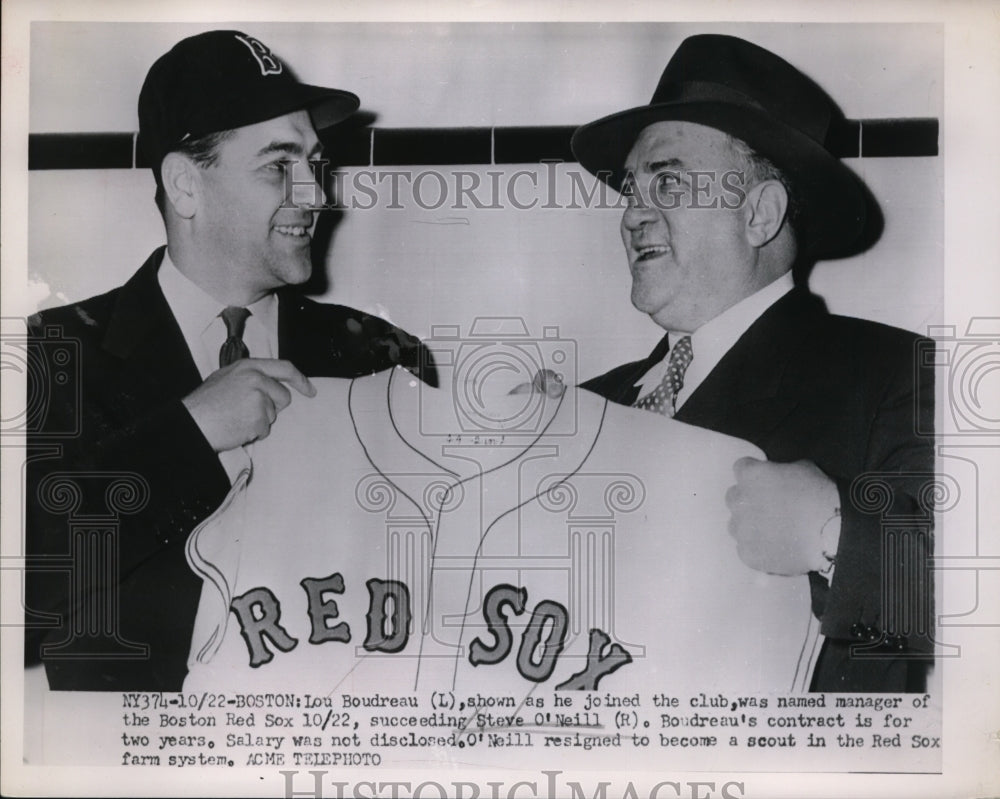 1951 Press Photo Red Sox manager Steve O;Neill & new manager Lou Boudreau- Historic Images