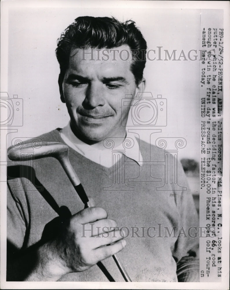 1952 Press Photo Julius Boros &amp; his putter score 66 at Phoenix Open in Arizona- Historic Images