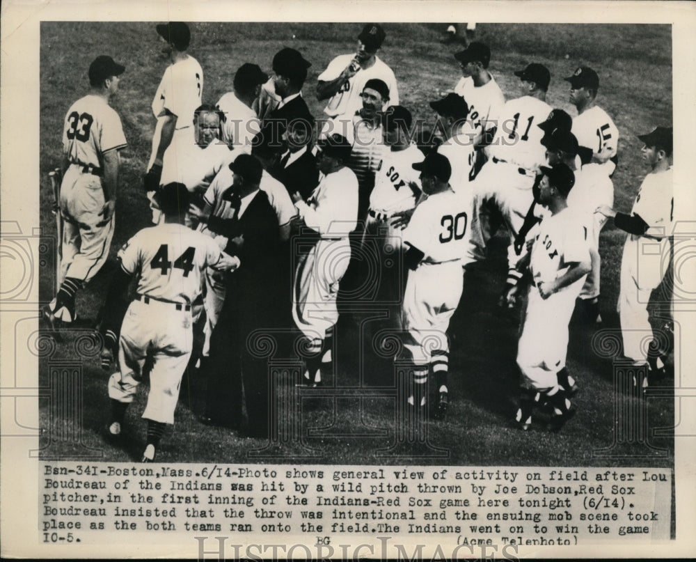 1949 Press Photo Indian Lou Boudreau hit by pitch of Red Sox at Boston game- Historic Images