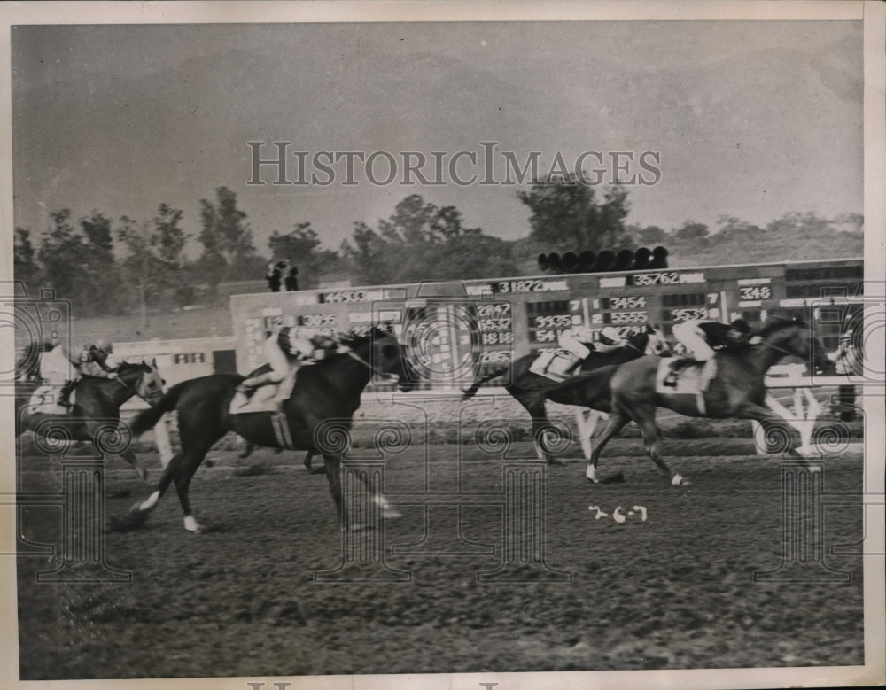 1937 Press Photo Stand Pat wins Santa Anita Derby vs King Saxon, Singing Wood- Historic Images