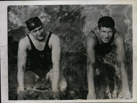 1935 Press Photo Peter Fick & Eddie Sabor Blair Academy swim team Philadelphia- Historic Images