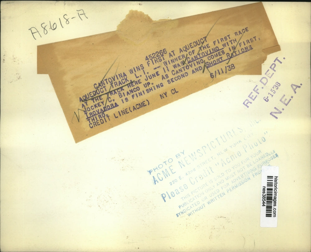 1938 Press Photo Aqueduct track NY C Bianco on Cantovino,Trovadora 2nd