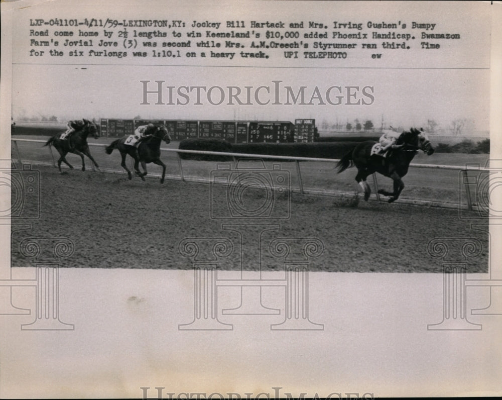 1959 Press Photo Bill Hartack on Bumpy Road wins Keenland Handicap, Jovial Jove- Historic Images