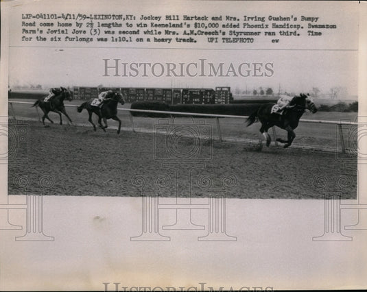 1959 Press Photo Bill Hartack on Bumpy Road wins Keenland Handicap, Jovial Jove- Historic Images