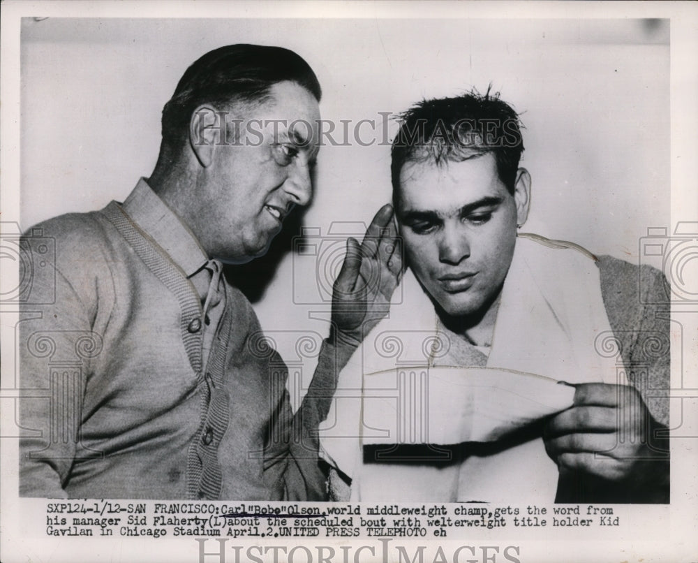 1954 Press Photo Carl Bobo Olson &amp; manager Sid Flaherty at San Francisco- Historic Images