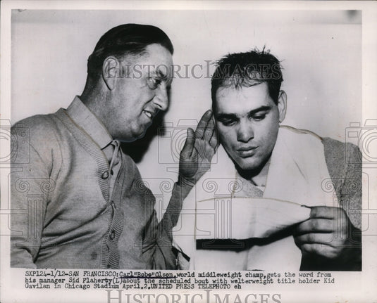 1954 Press Photo Carl Bobo Olson & manager Sid Flaherty at San Francisco- Historic Images