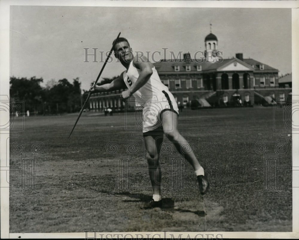 1933 Press Photo John Motbian of Stanfor in javelin at IC4A at Harvard Stadium- Historic Images