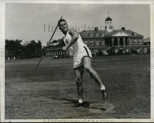 1933 Press Photo John Motbian of Stanfor in javelin at IC4A at Harvard Stadium- Historic Images