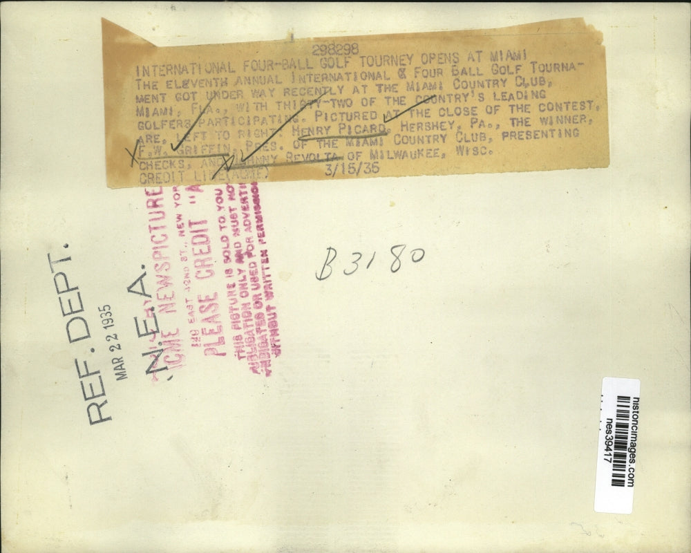 1935 Press Photo Henry Picard, FW Griffin, Johnny Revolta at 4 ball golf Miami