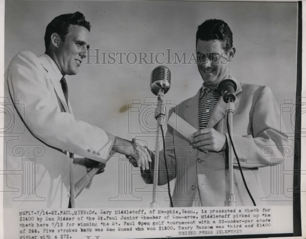 1952 Press Photo Dr Gary Middlecoff wins St Paul Open, check from Dan Rider- Historic Images