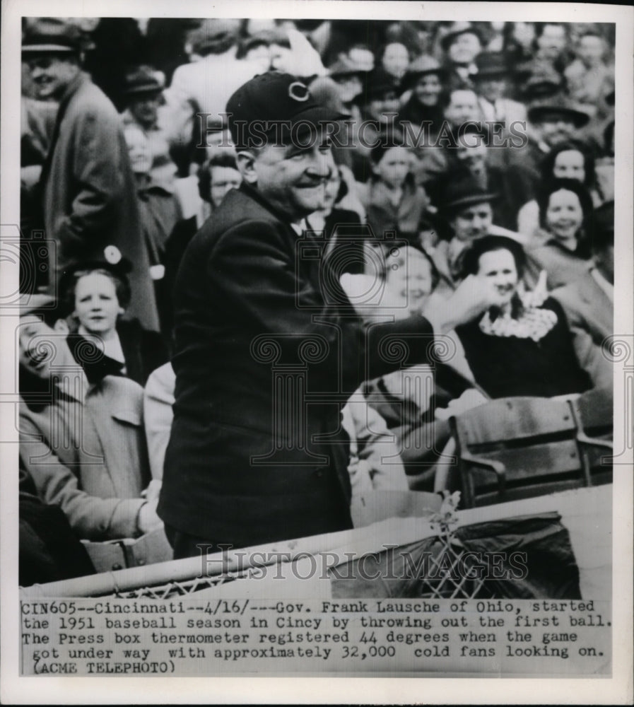 1951 Press Photo Ohio Governor Frank Lausche throws out 1st baseball - nes39816- Historic Images