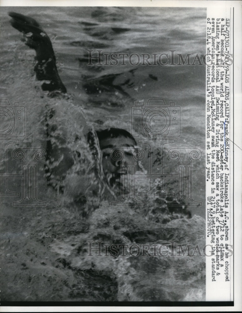 1959 Press Photo Frank McKinney world record backstroke in 200 meters