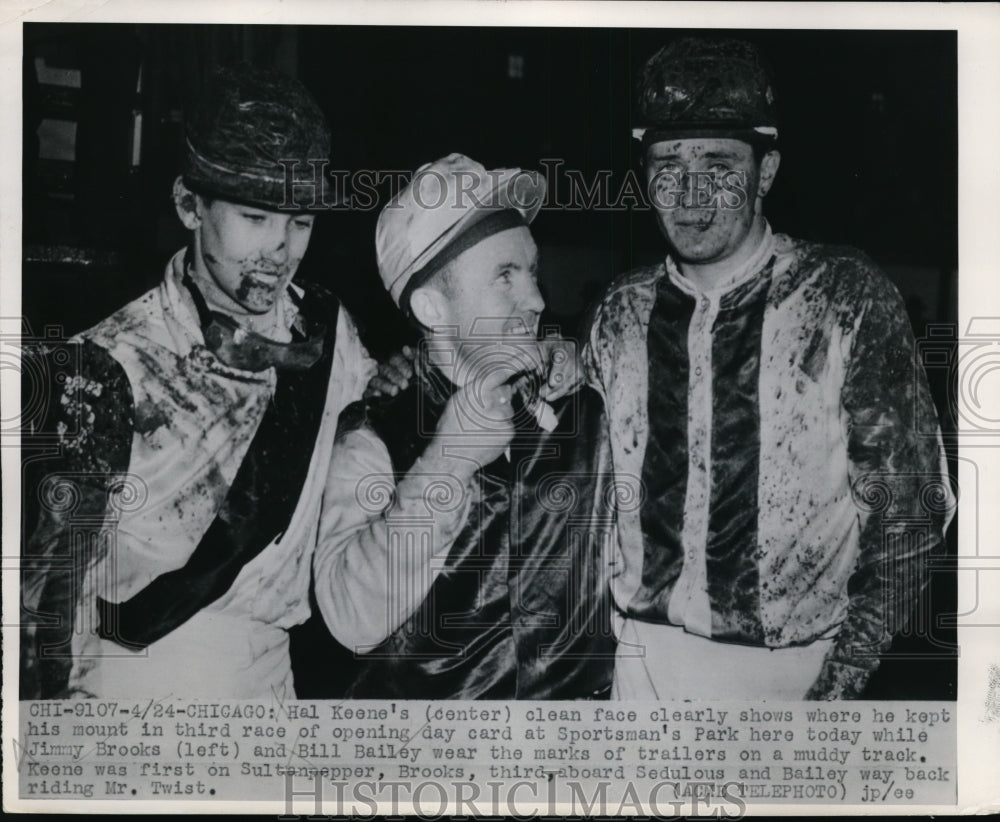 1950 Press Photo Jockey Hal Keene,Jim Brooks &amp; Bill Bailey at Chicago track- Historic Images