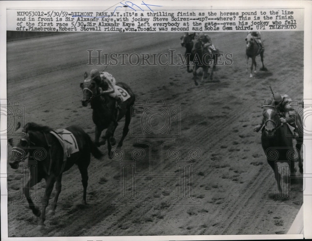 1959 Press Photo Belmont track NY Steve Soirez thrown from Sir Alxandr Kaye- Historic Images