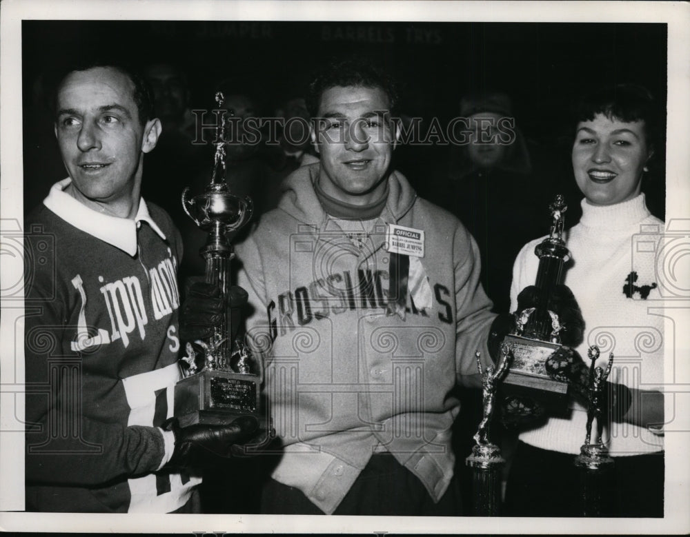 1954 Press Photo Barrel jump skaters Terry Browne, Aldrina Lebel - nes40672- Historic Images