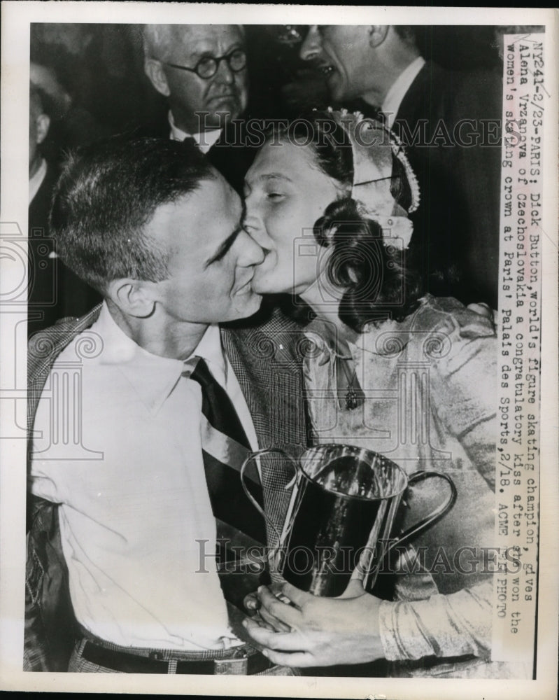 1949 Press Photo Dick Button figure skate champ &amp; Alena Vrzanova of Czech- Historic Images