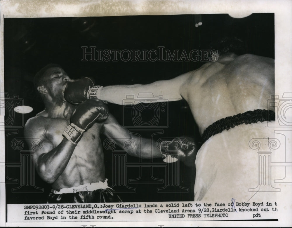 1956 Press Photo Joey Giardello lands left to Bobby Boyd at Cleveland bout- Historic Images